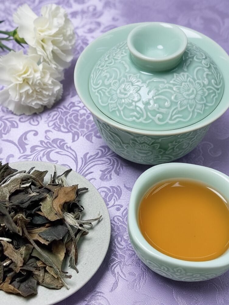 Elegant tea set with brewed tea and loose leaves on lavender cloth, accompanied by white flowers.