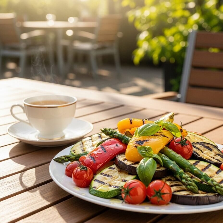 Grilled vegetables and fresh basil on a plate beside a steaming cup of coffee, outdoor patio setting.