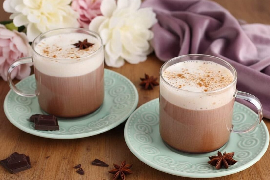 Two glasses of creamy hot chocolate with cinnamon and anise, on decorative plates, surrounded by flowers and chocolate.