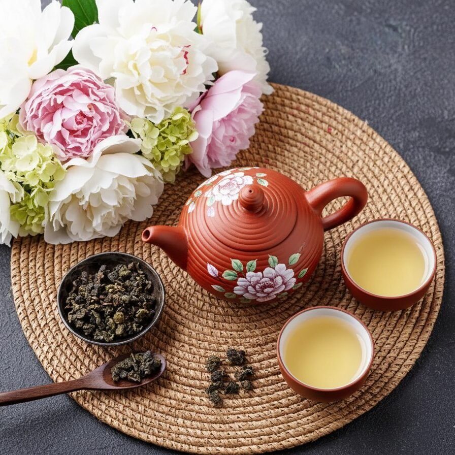 Teapot and cups of tea with peonies on woven mat, set for a relaxing tea ceremony.