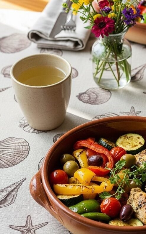 Grilled chicken with colorful vegetables in a clay dish, served on a sea-themed tablecloth with tea and flowers.