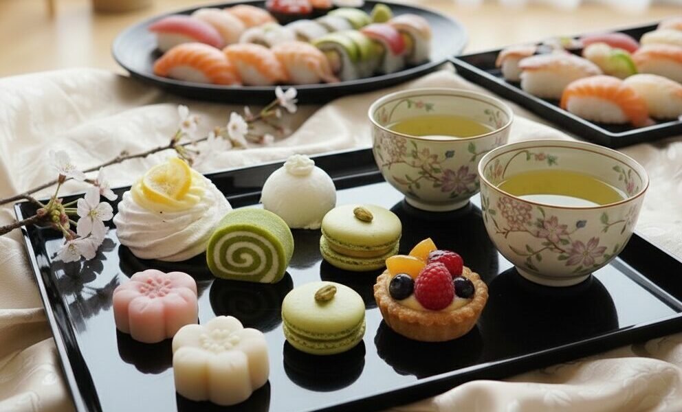 Green Tea Food Pairing: How to Pair Green Tea with Meals Japanese sweets and sushi on elegant black trays with floral teacups, accompanied by cherry blossoms.