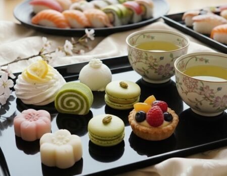 Japanese sweets and sushi on elegant black trays with floral teacups, accompanied by cherry blossoms.