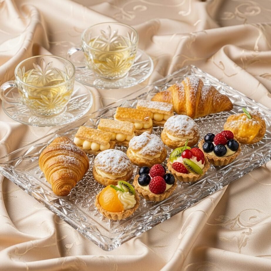 Elegant tray of assorted pastries and fruit tarts with crystal teacups on a satin tablecloth. Ideal for high tea.