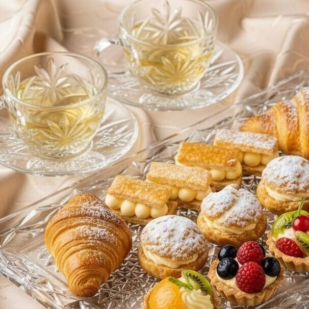 Elegant dessert tray with assorted pastries and tea cups on a decorative cloth.