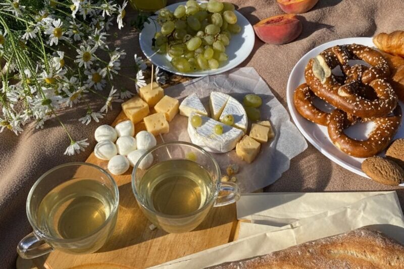 Outdoor picnic with wine, cheese, bread, pretzels, and daisies on a blanket in the sun.