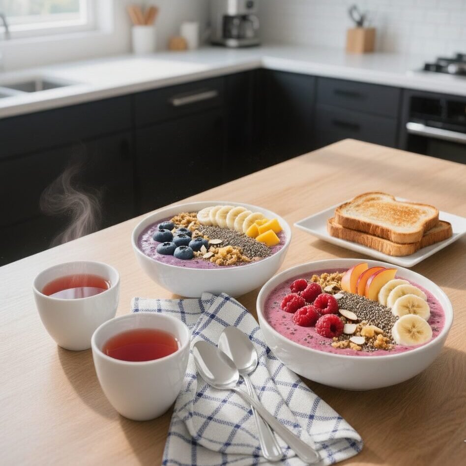 Colorful acai bowls with fresh fruit and chia seeds, accompanied by toast and hot tea on a wooden kitchen table.