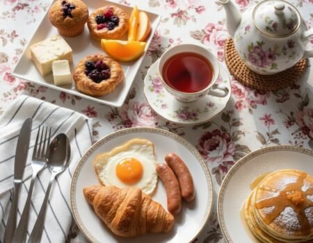 Elegant breakfast spread: pastries, pancakes, egg, sausages, cheese, fruit, tea set on floral tablecloth.