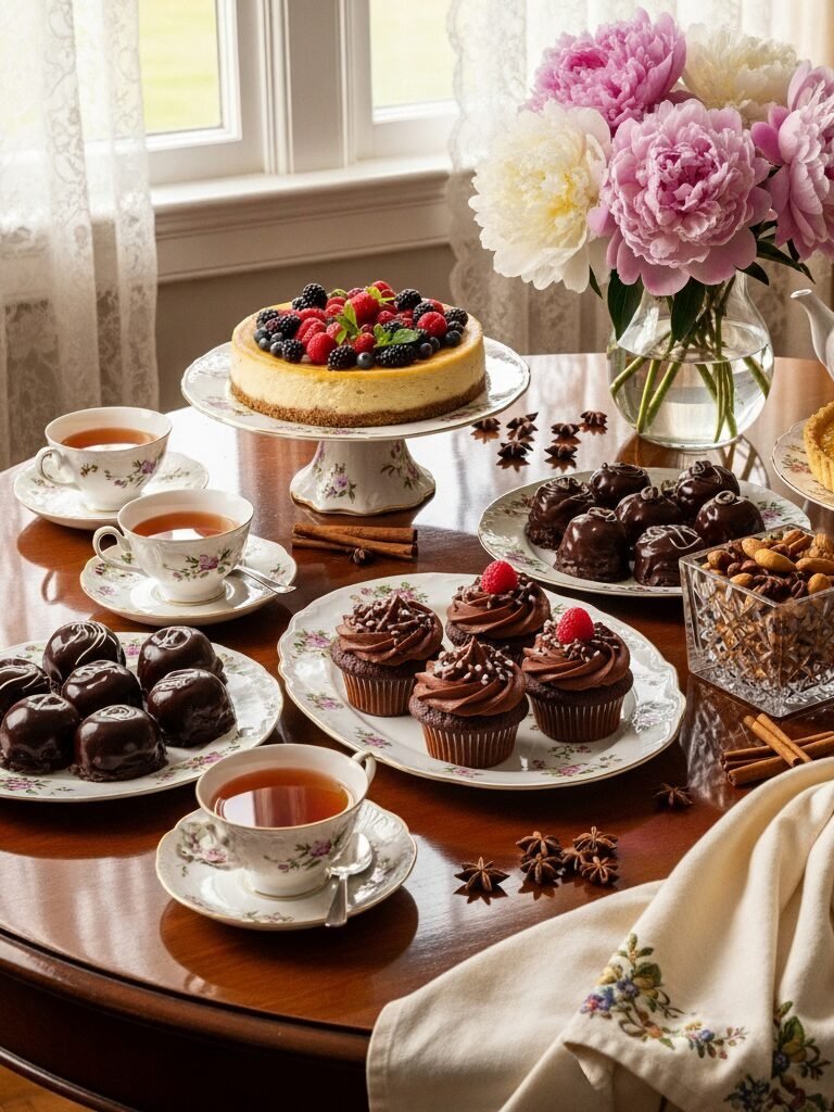 Elegant tea party with assorted desserts, floral teacups, and peonies on a wooden table.