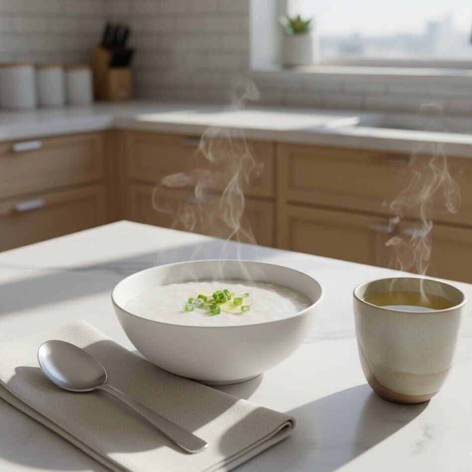 Steaming bowl of rice porridge with scallions and a cup of tea on a bright kitchen countertop.