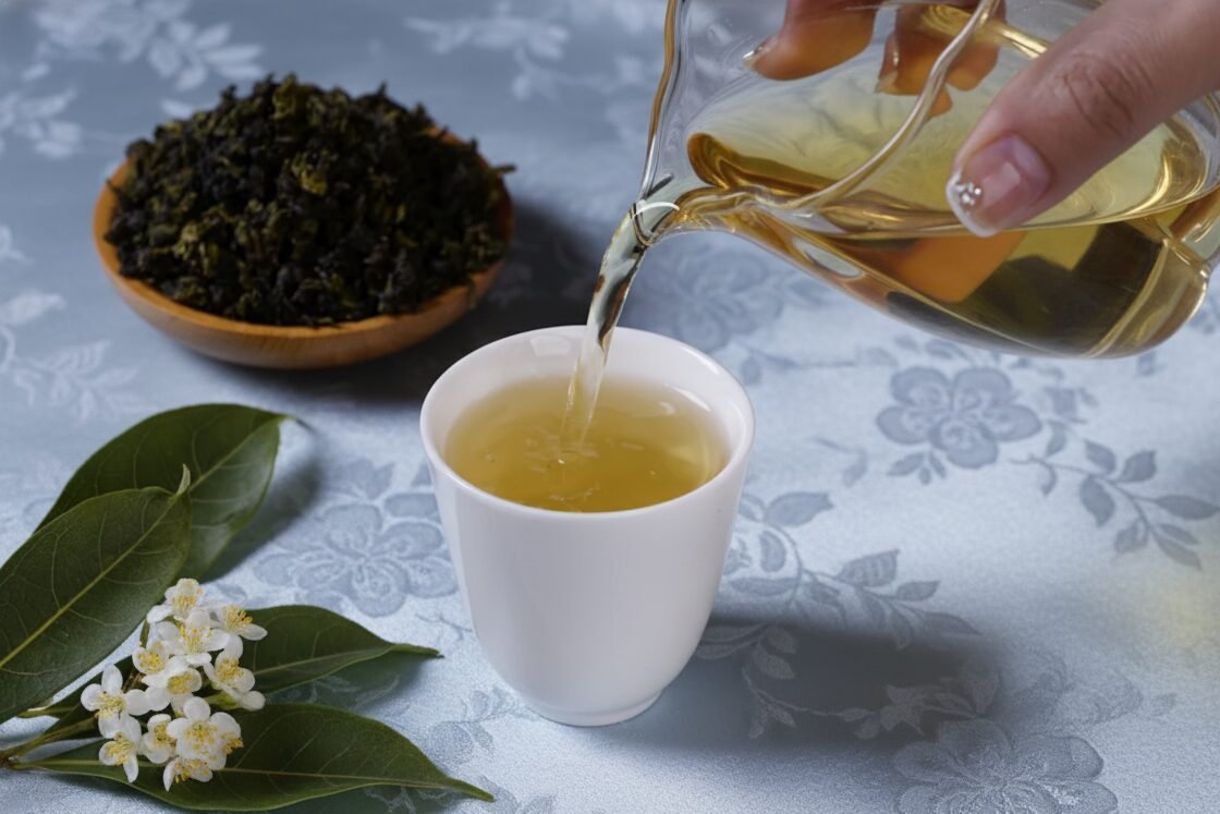 Pouring oolong tea into a cup with fresh tea leaves and flowers on a patterned tablecloth.