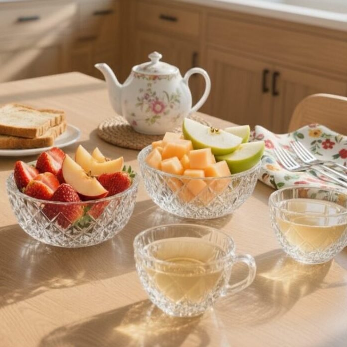 Breakfast spread with fruit, toast, granola, and tea in a cozy kitchen with morning light.
