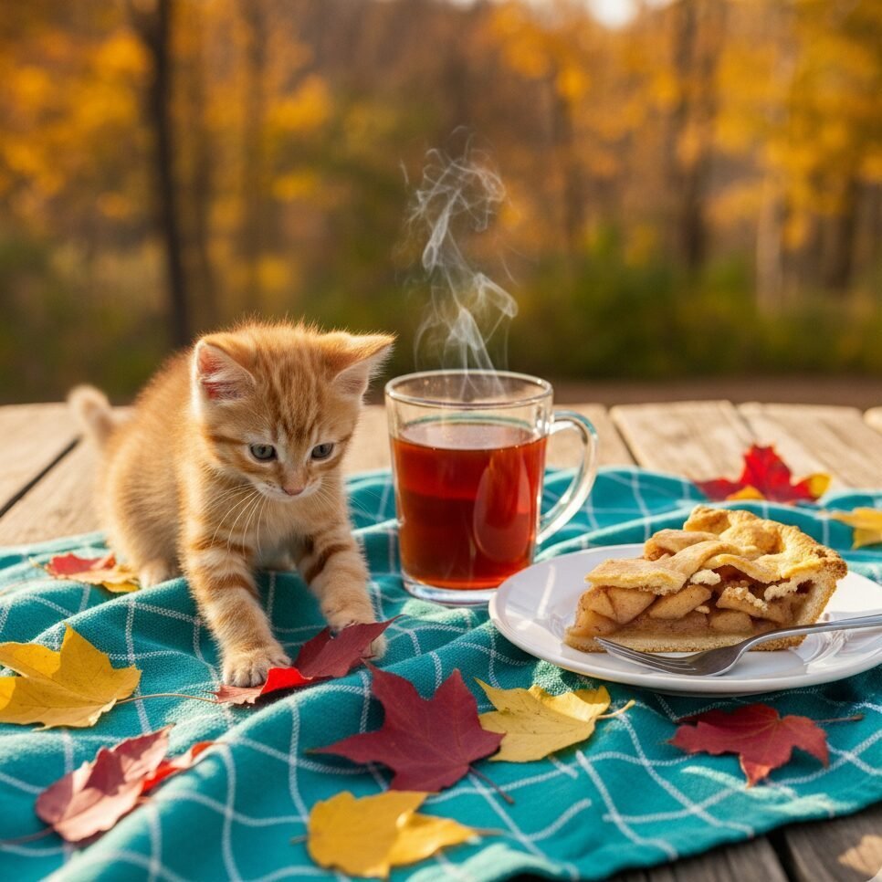 Kitten plays with autumn leaves beside tea and apple pie on a picnic table.
