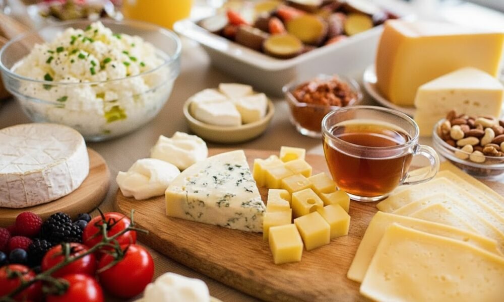 A diverse cheese platter with fruits, nuts, and tea, ideal for a gourmet breakfast or brunch setting.