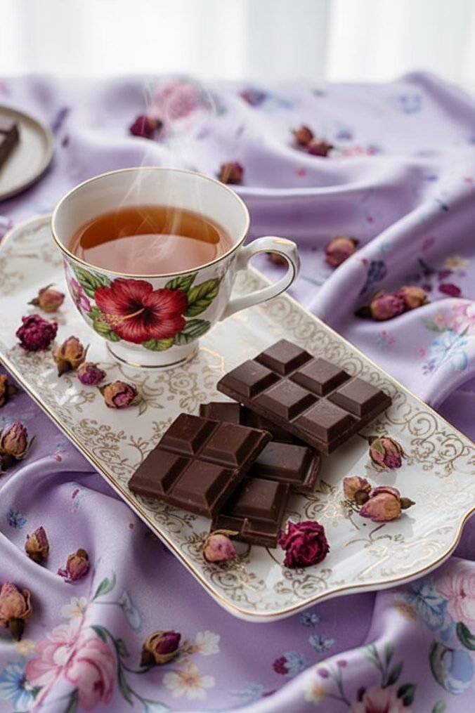 Tea in a floral cup with chocolate on a tray over purple satin, surrounded by dried roses. Elegant and cozy setting.