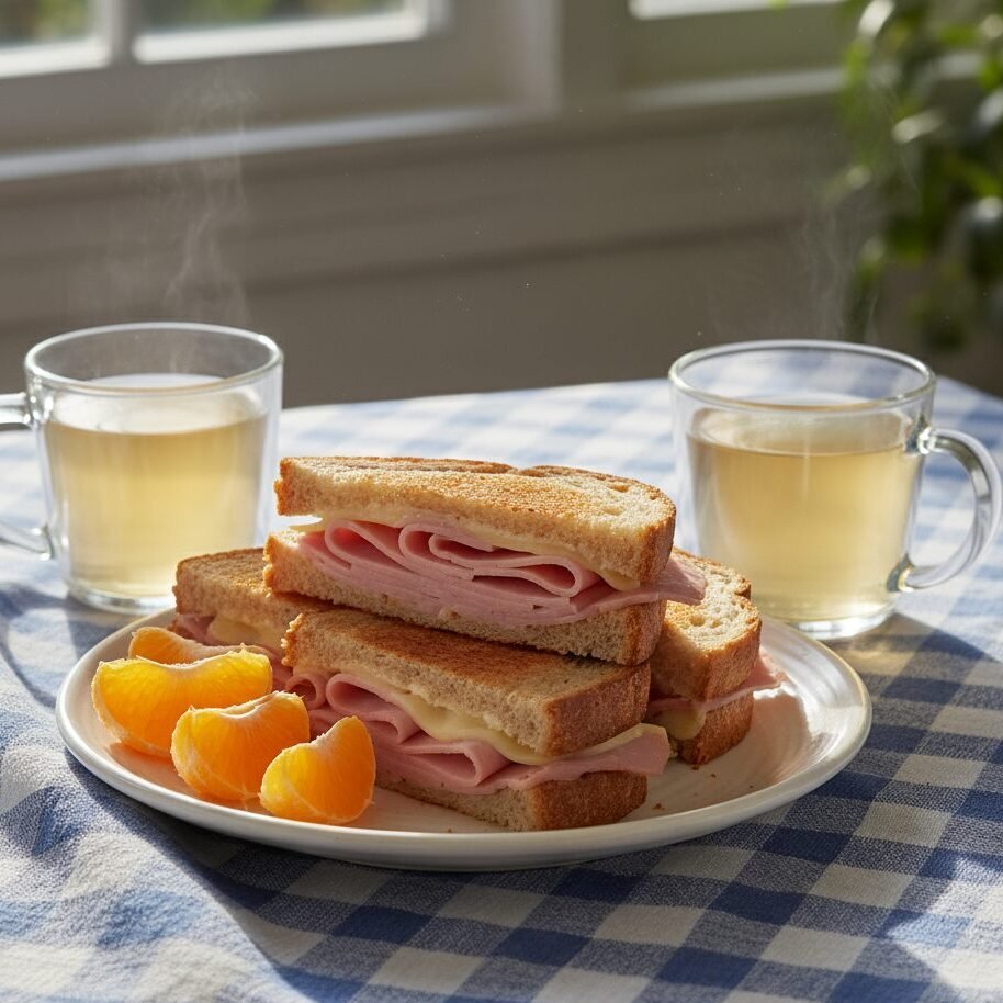 Ham and cheese sandwich with orange slices and two cups of tea on a sunlit table with a blue checkered cloth.