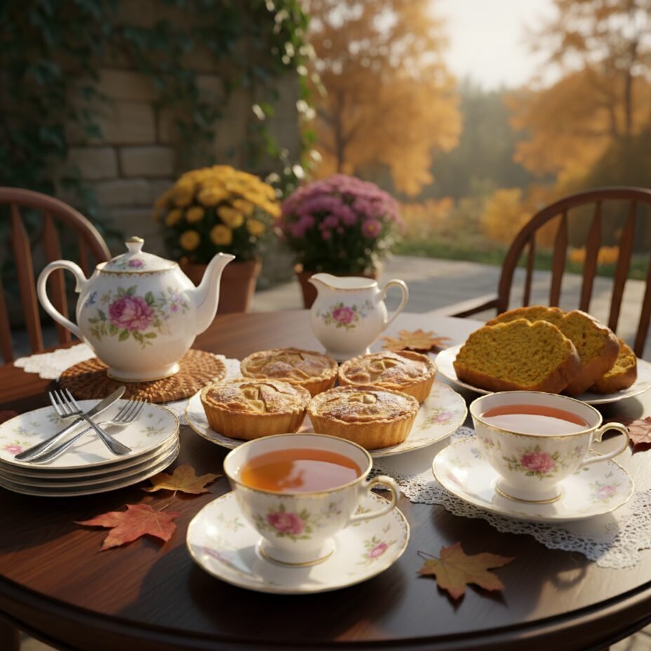 Autumn tea setting with floral china, pastries, and pumpkin bread on a wooden table outdoors.