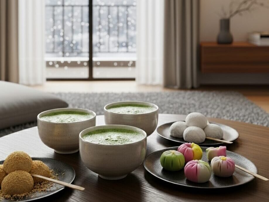 Three bowls of matcha with traditional sweets on a table, snowy window view in the background. Cozy winter setting.