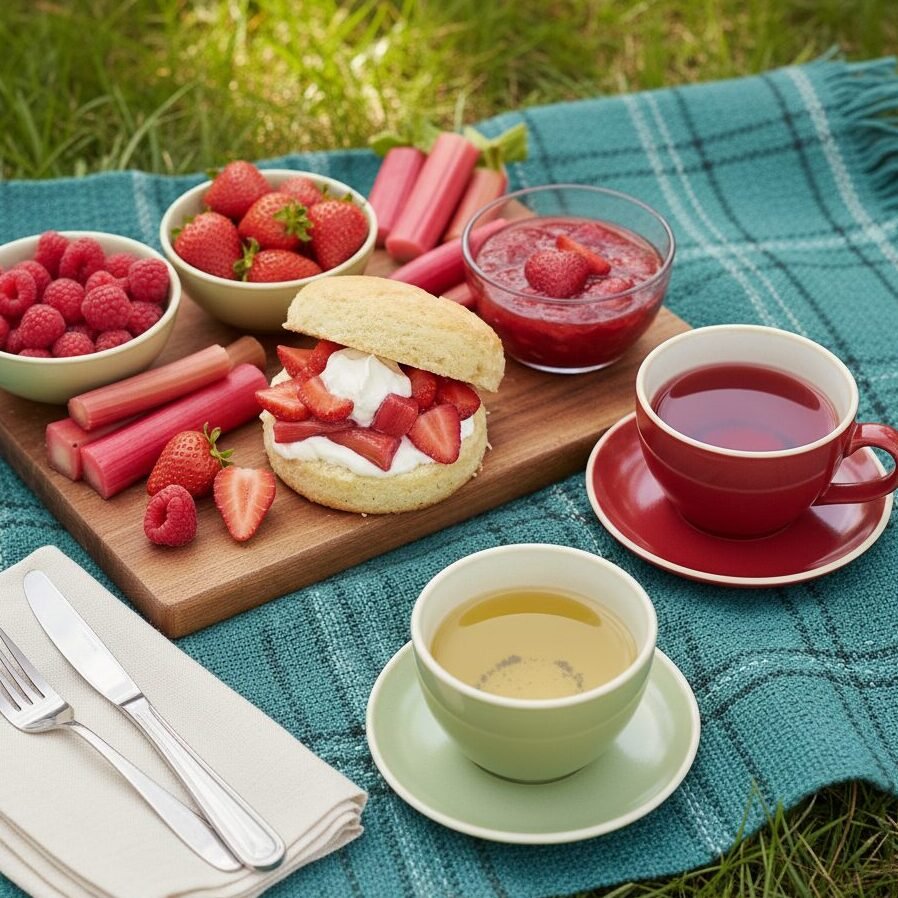 Picnic setup with fresh berries, rhubarb, scone with cream, and tea on a blue blanket.