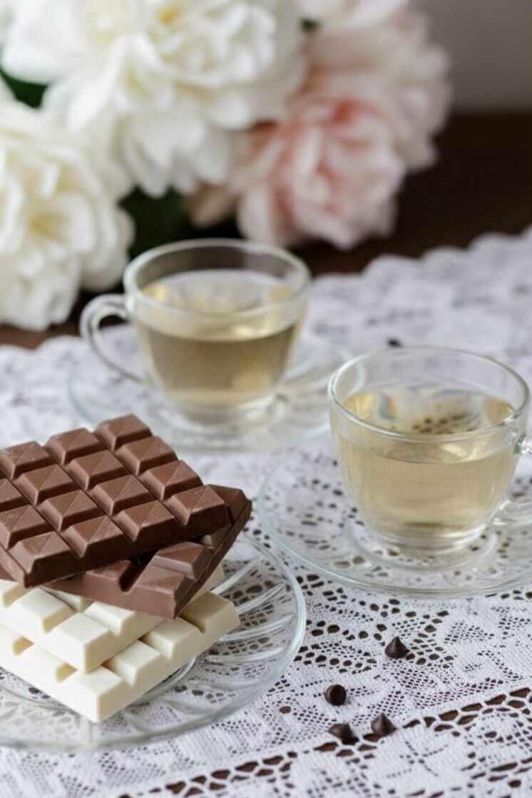 White and milk chocolate bars with two cups of tea on a lace tablecloth, surrounded by soft-focus flowers.