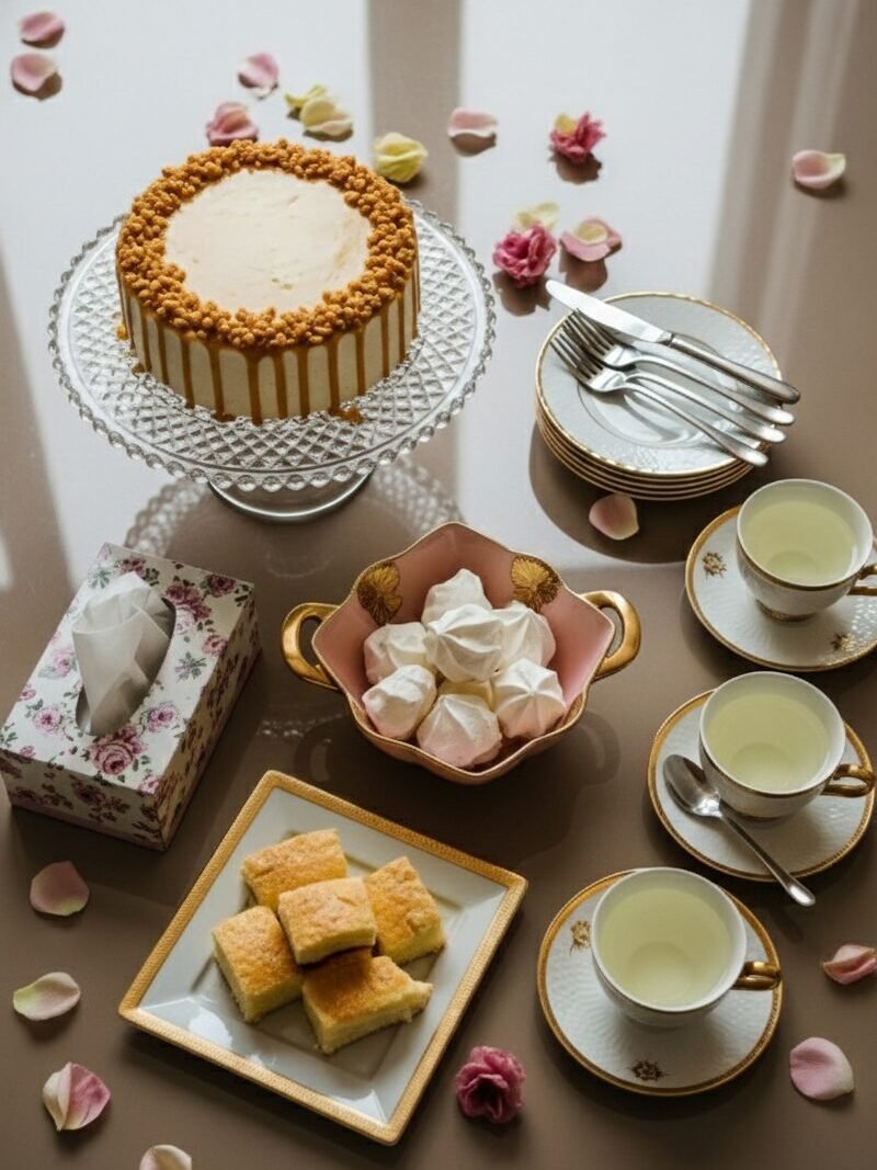 Elegant dessert table with a caramel cake, pastries, tea set, and scattered rose petals on a reflective surface.