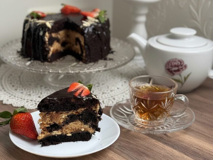 Slice of chocolate layered cake with strawberries and tea on a wooden table, ideal for a cozy dessert moment.