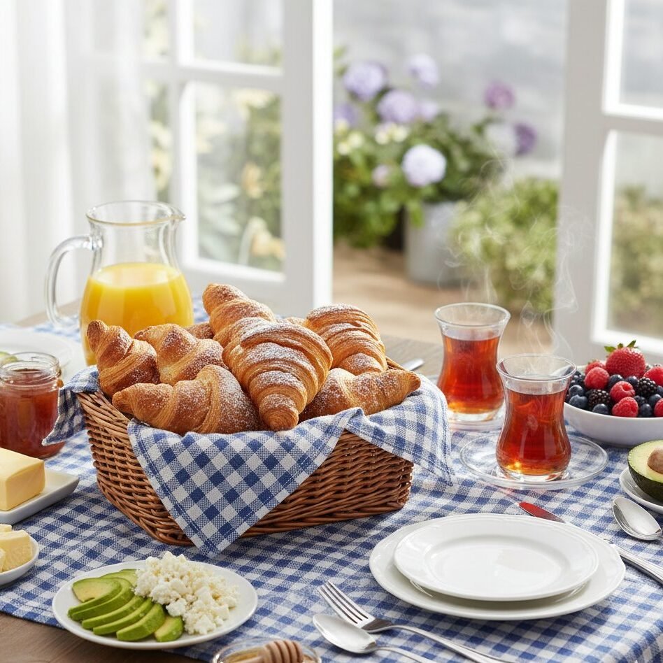 A breakfast spread with croissants, tea, juice, berries, avocado, cheese on a blue checkered cloth.