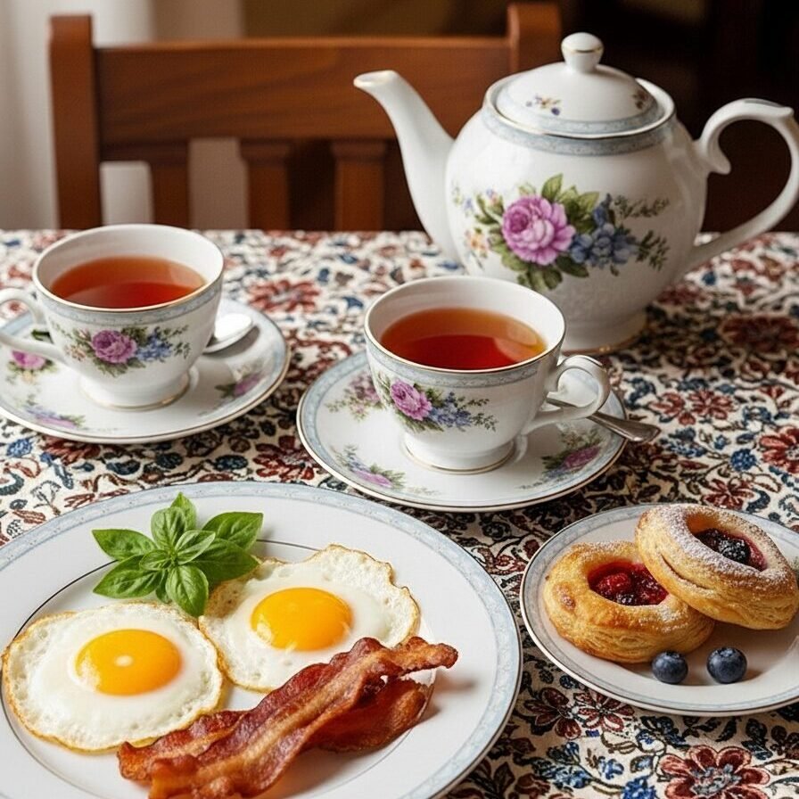 Breakfast setup with tea, fried eggs, bacon, fruit pastries, and fresh berries on a floral tablecloth.