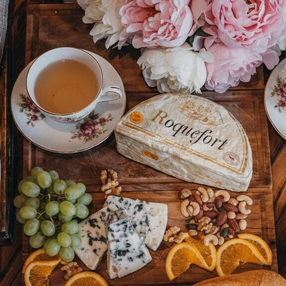 Elegant cheese board with Roquefort, nuts, grapes, tea, and flowers on a wooden table setting.