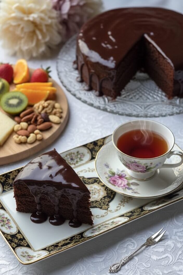 Chocolate cake slice and steaming tea with a platter of fruits and nuts on an elegant table setting.