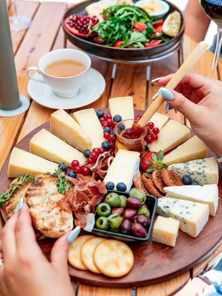 Assorted cheese platter with fruits, olives, and crackers on a wooden table beside a salad and tea.