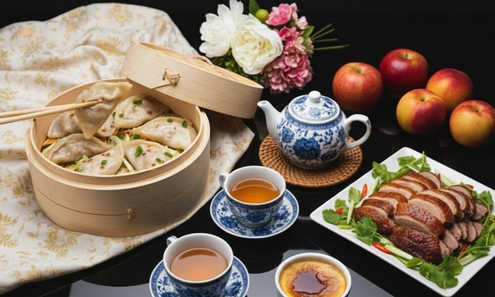 What Pairs Well with Oolong Tea: From Seafood to Sweets Chinese cuisine spread featuring dumplings, roast duck, tea set, and dessert on a black reflective surface.