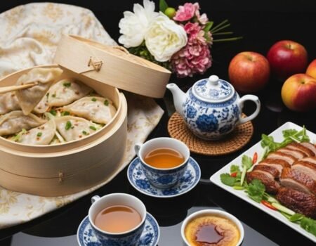 Chinese cuisine spread featuring dumplings, roast duck, tea set, and dessert on a black reflective surface.