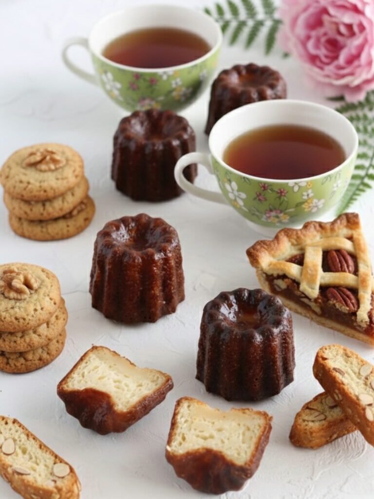 Tea time with assorted pastries: cookies, cannelés, pecan pie, and tea in floral cups on a white table.