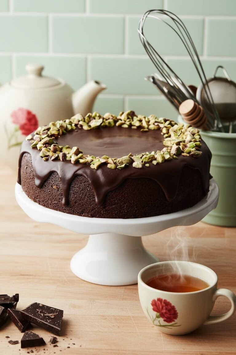 Chocolate cake with pistachio toppings on a stand, beside tea cup, teapot, and whisk on a wooden counter.