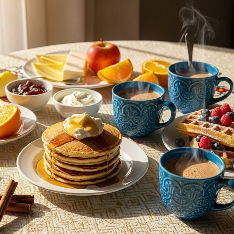 Delicious breakfast spread with pancakes, waffles, fruits, and hot beverages on a sunlit table.