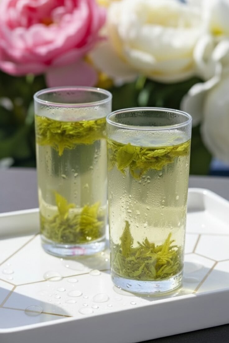 Two glasses of refreshing iced green tea on a tray with flowers in the background.