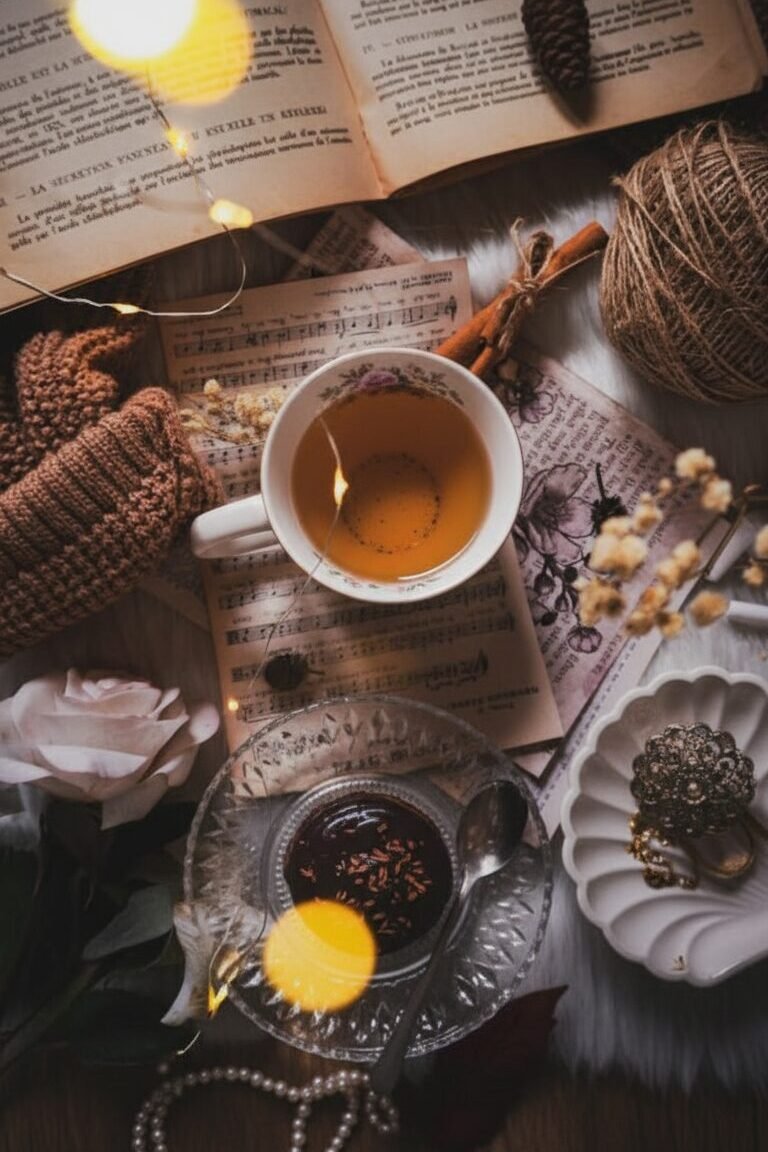Cozy autumn scene: books, tea, string lights, and warm decor create a tranquil, inviting atmosphere for relaxation.