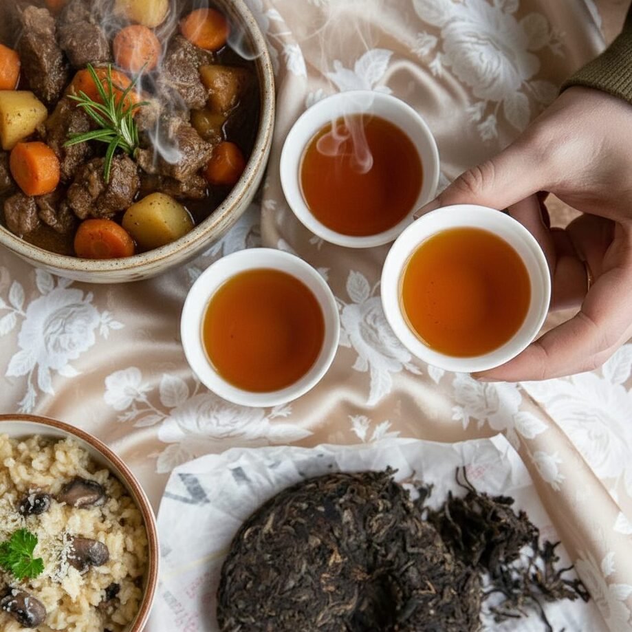 Steaming cups of tea with hearty stew and mushroom risotto on a floral tablecloth.