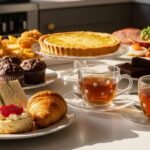 Assorted afternoon tea spread with sandwiches, desserts, quiche, and tea on a sunlit table.