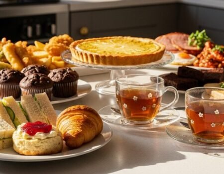 Assorted afternoon tea spread with sandwiches, desserts, quiche, and tea on a sunlit table.