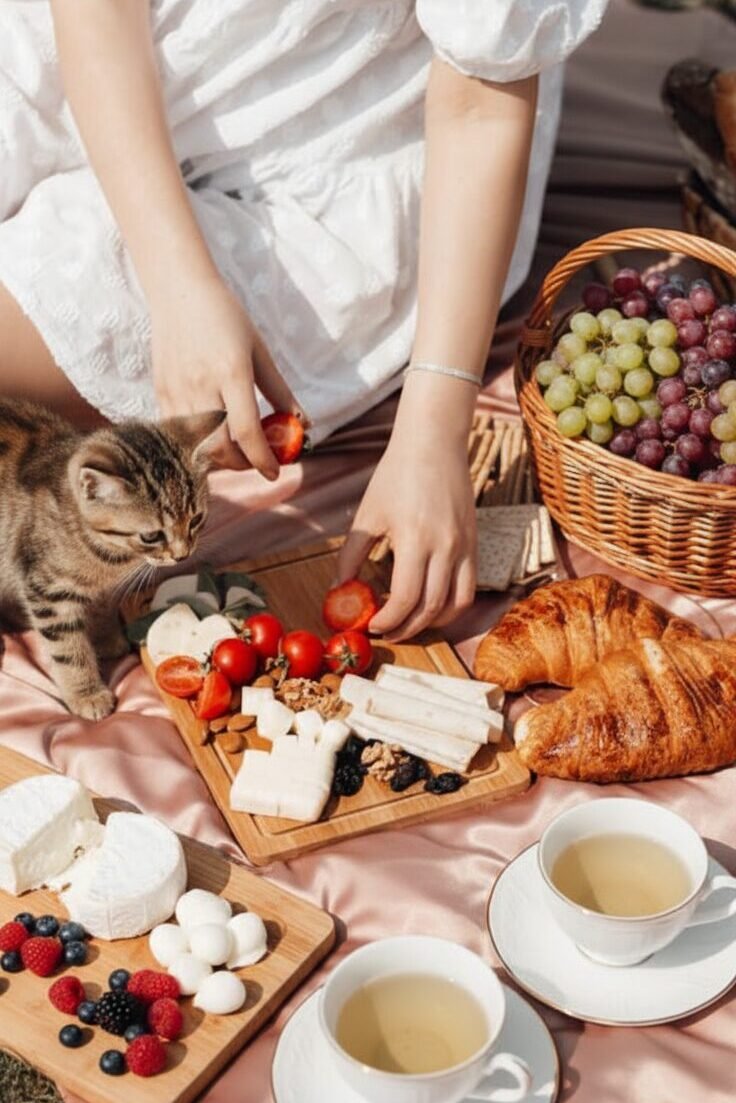 Picnic scene with fresh fruits, cheese, pastries, and tea on a blanket, alongside a curious kitten exploring the setup.
