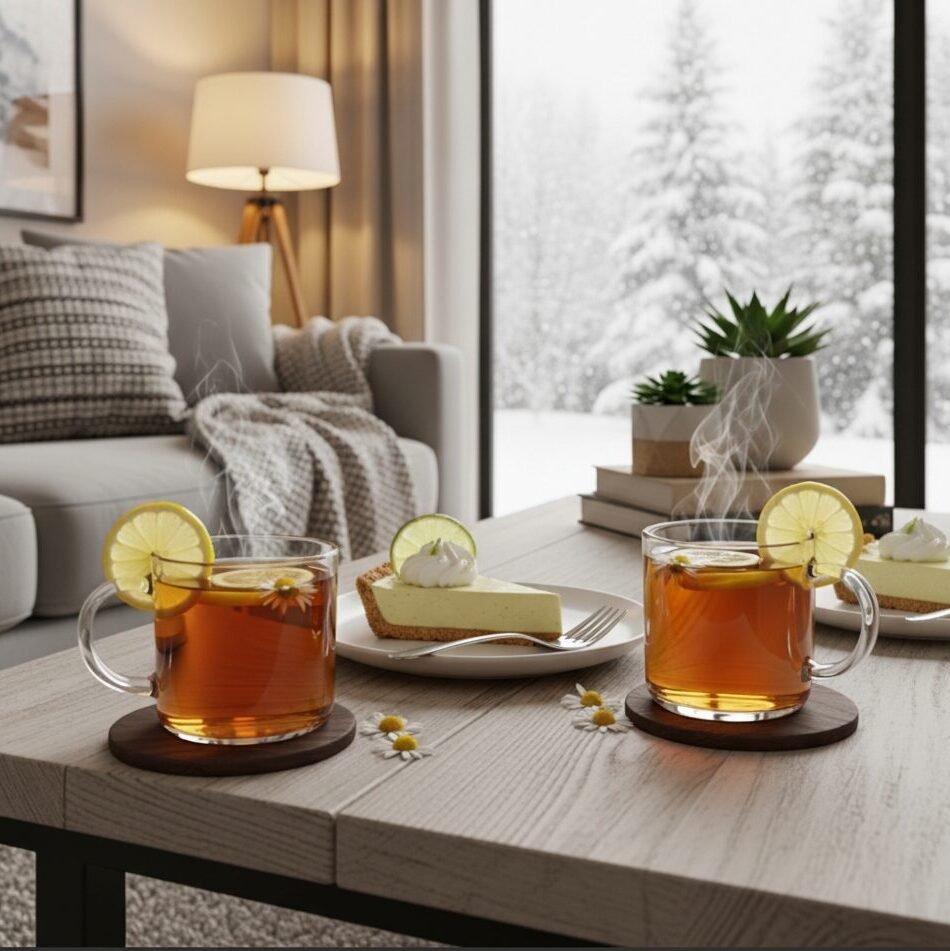Cozy living room with steaming lemon tea and pie on table, snowy view outside.