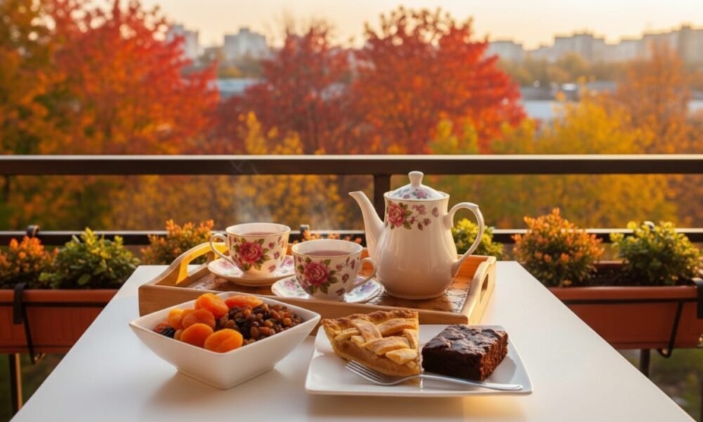 Seasonal Tea Pairing: Best Tea and Food Combinations by Season Teatime on autumn balcony with teapot, cups, dried fruit, apple pie, and brownie. Cozy outdoor scene.