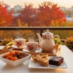 Teatime on autumn balcony with teapot, cups, dried fruit, apple pie, and brownie. Cozy outdoor scene.