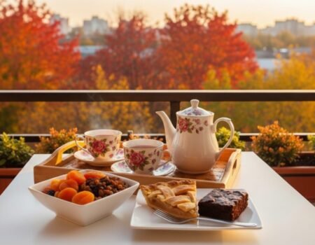 Teatime on autumn balcony with teapot, cups, dried fruit, apple pie, and brownie. Cozy outdoor scene.