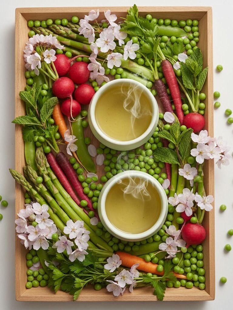 Steaming cups of green tea surrounded by fresh vegetables and cherry blossoms on a wooden tray.