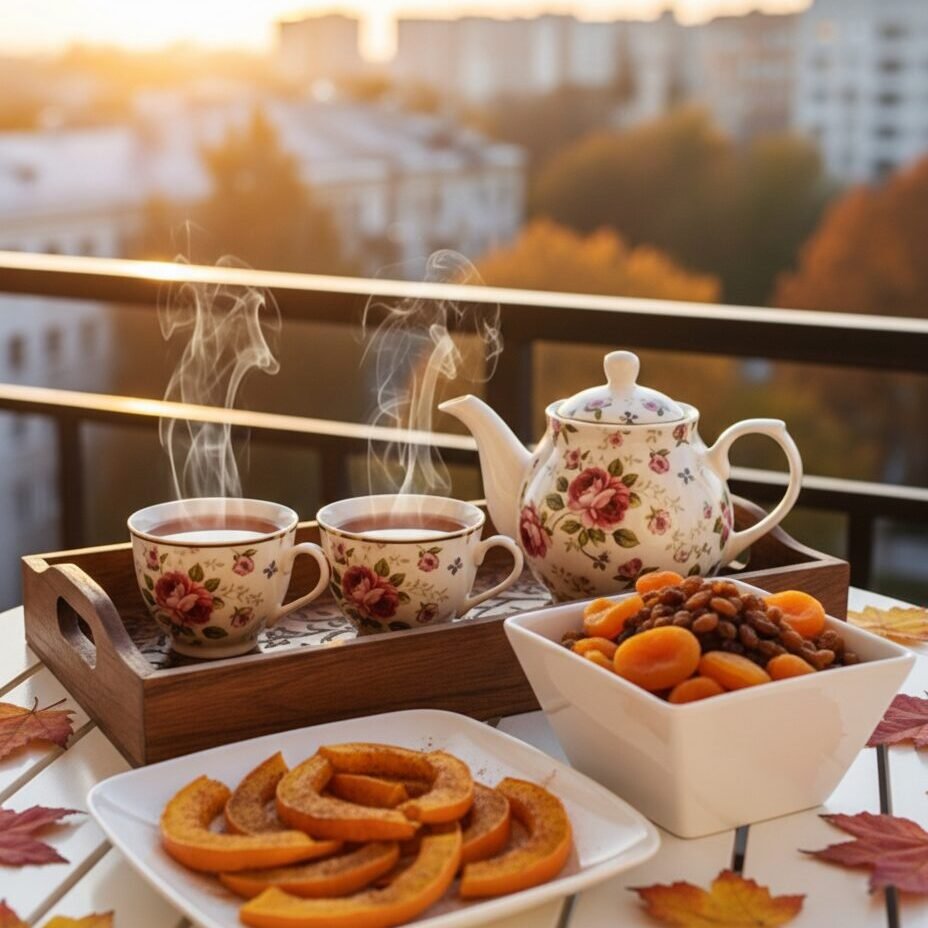 Autumn tea setup with floral teapot, steaming cups, pumpkin slices, and dried fruits on a balcony table.