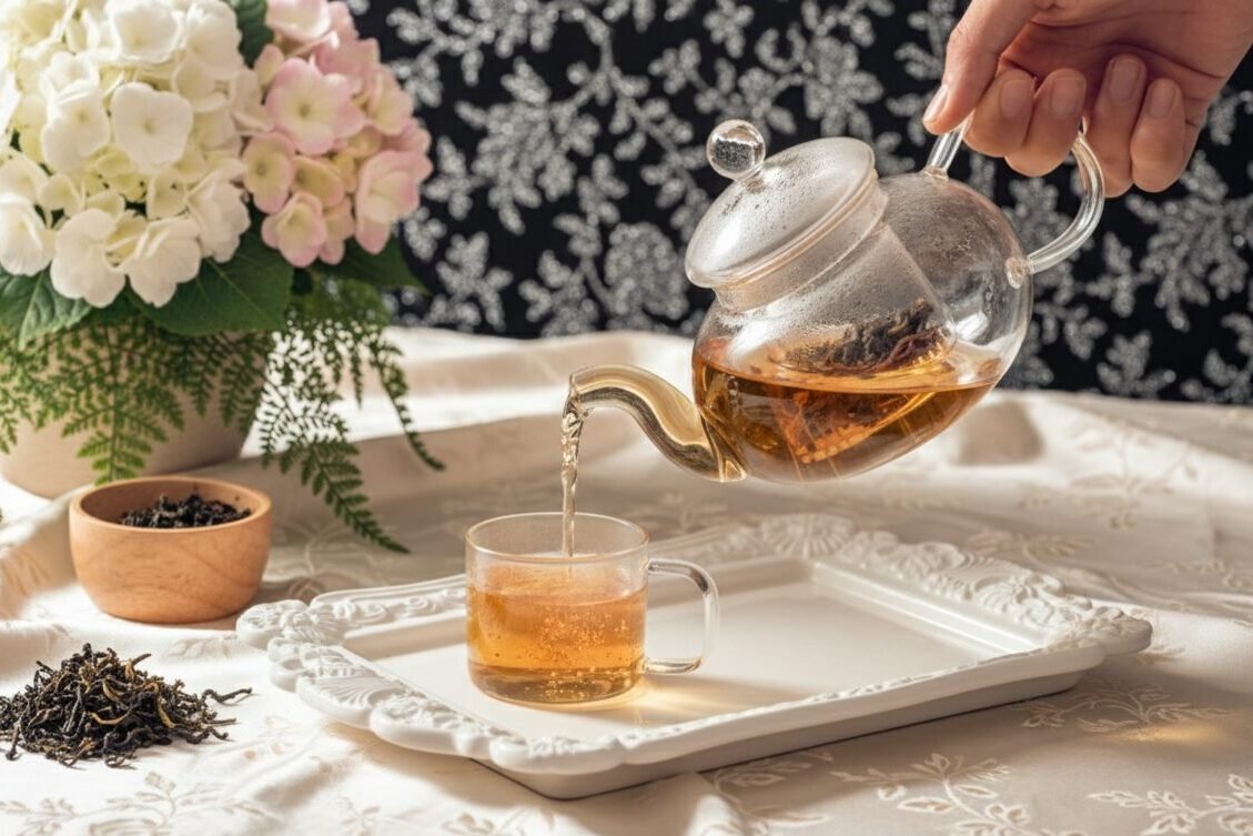 Pouring herbal tea into a glass cup on a tray with flowers and tea leaves beside. Elegant and calming setting.