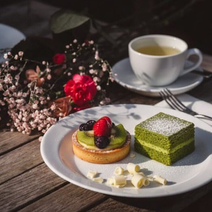 Tea and desserts on a wooden table, featuring a fruit tart, matcha cake, and a bouquet of flowers.